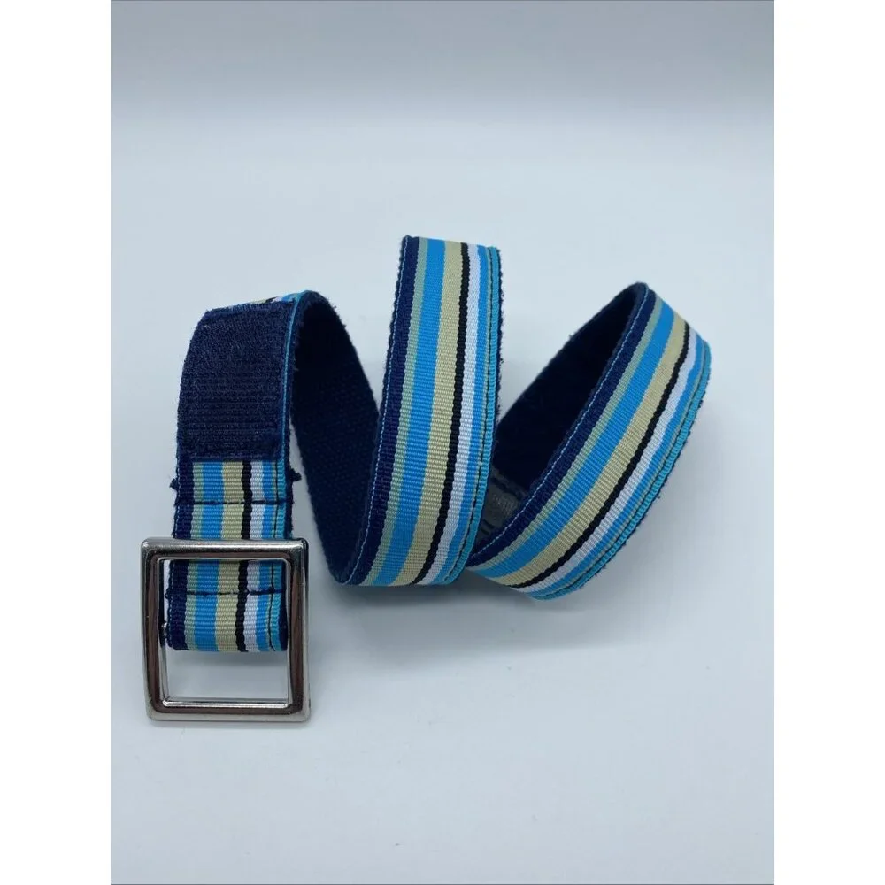 Baby Beltz Blue Beige Black Striped Belt Kids Size L Hook Loop Fastener